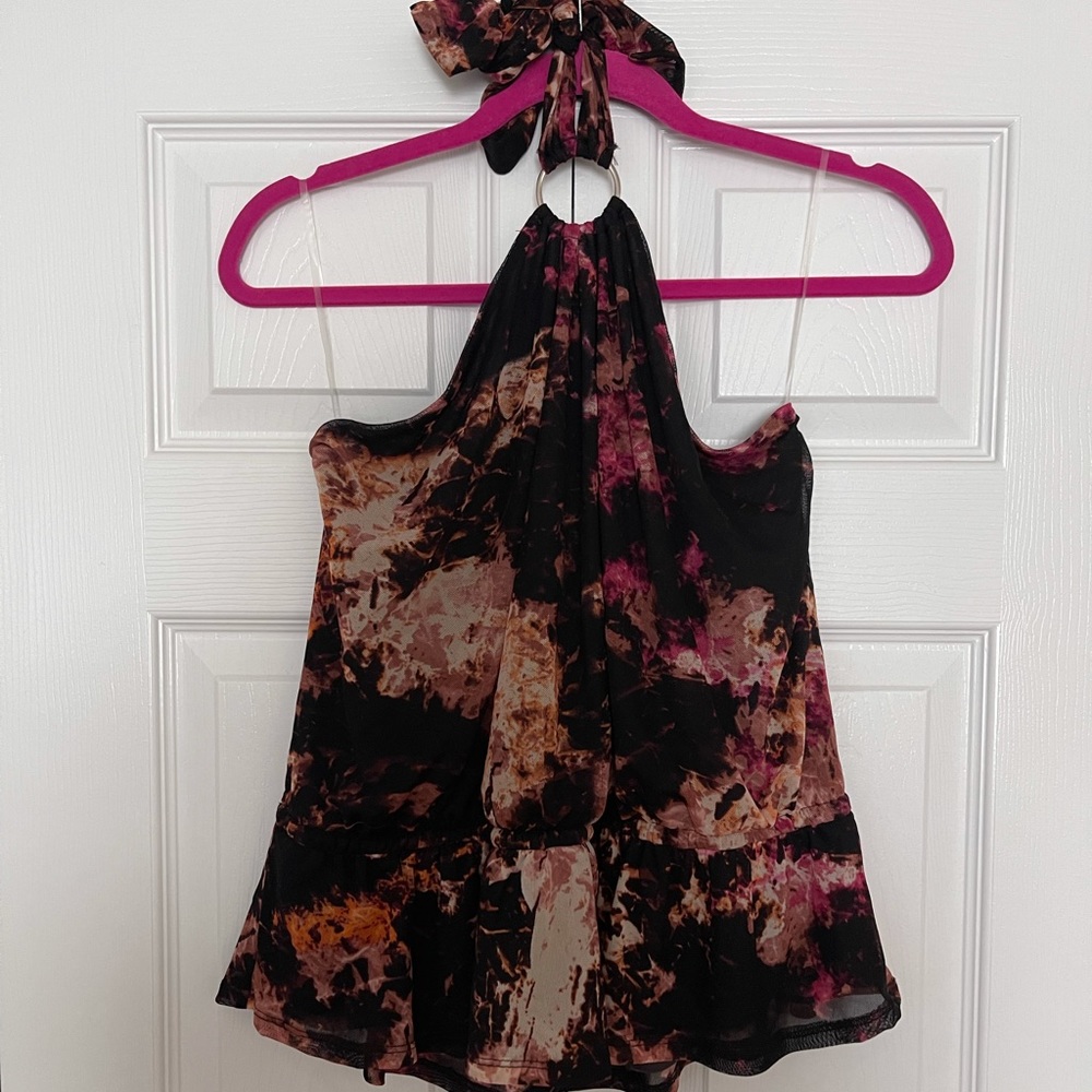 Ring Halter Tie Top with Peplum - pink / black / orange - size XL